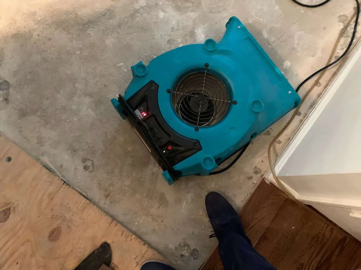 Air mover drying subfloor during Leak Detection & Repair in Westbrook